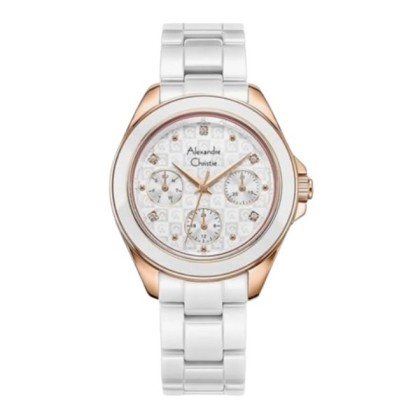 Alexandre Christie ALCW2A70BFBRGSL Rose Gold Stainless Steel Case White Ceramic Top Ring and Band Analog Women Watch